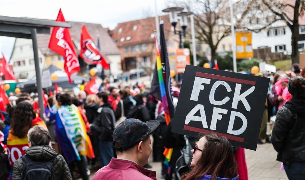 Zahlreiche Menschen nehmen vor einer geplanten AfD-Wahlkampfveranstaltung an einer Protest-Aktion gegen die AfD teil.