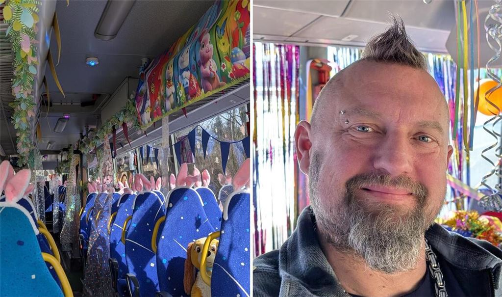 Zu Ostern verwandelt Busfahrer „Borsti“ seinen Schulbus in einen Osterbus.