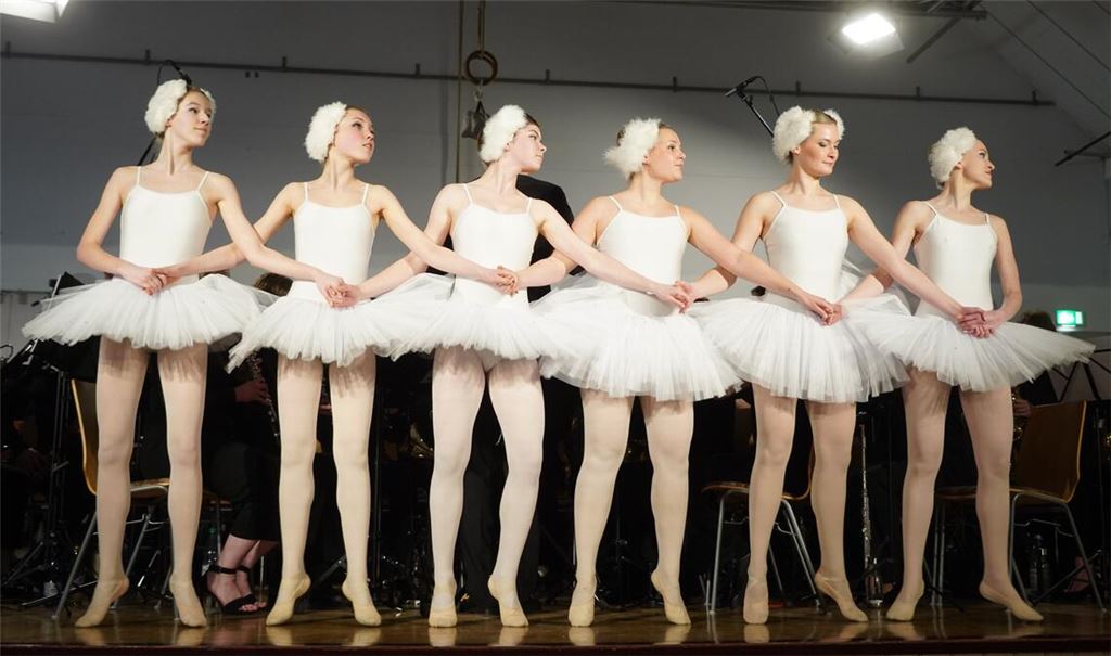 Zu den Melodien von Tschaikowskys „Schwanensee“ präsentiert eine Gruppe des Ballettzentrums Mühlacker eine perfekt zur Musik passende Choreographie.