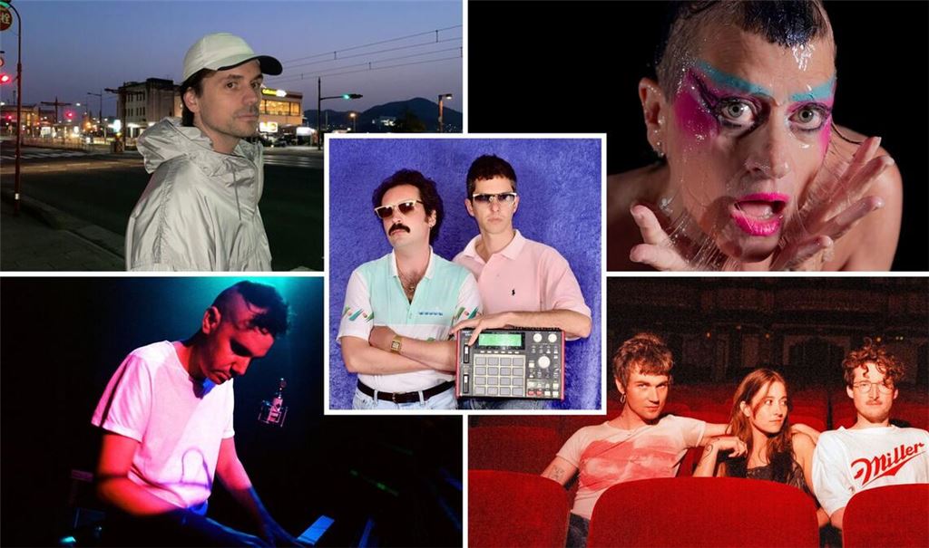 Zu den vielen Highlights der About Pop zählen die Auftritte von Leif Randt, Peaches, Nation Of Language und Josh Cohen (von links oben im Uhrzeigersinn) sowie von Mind Enterprises (Mitte)