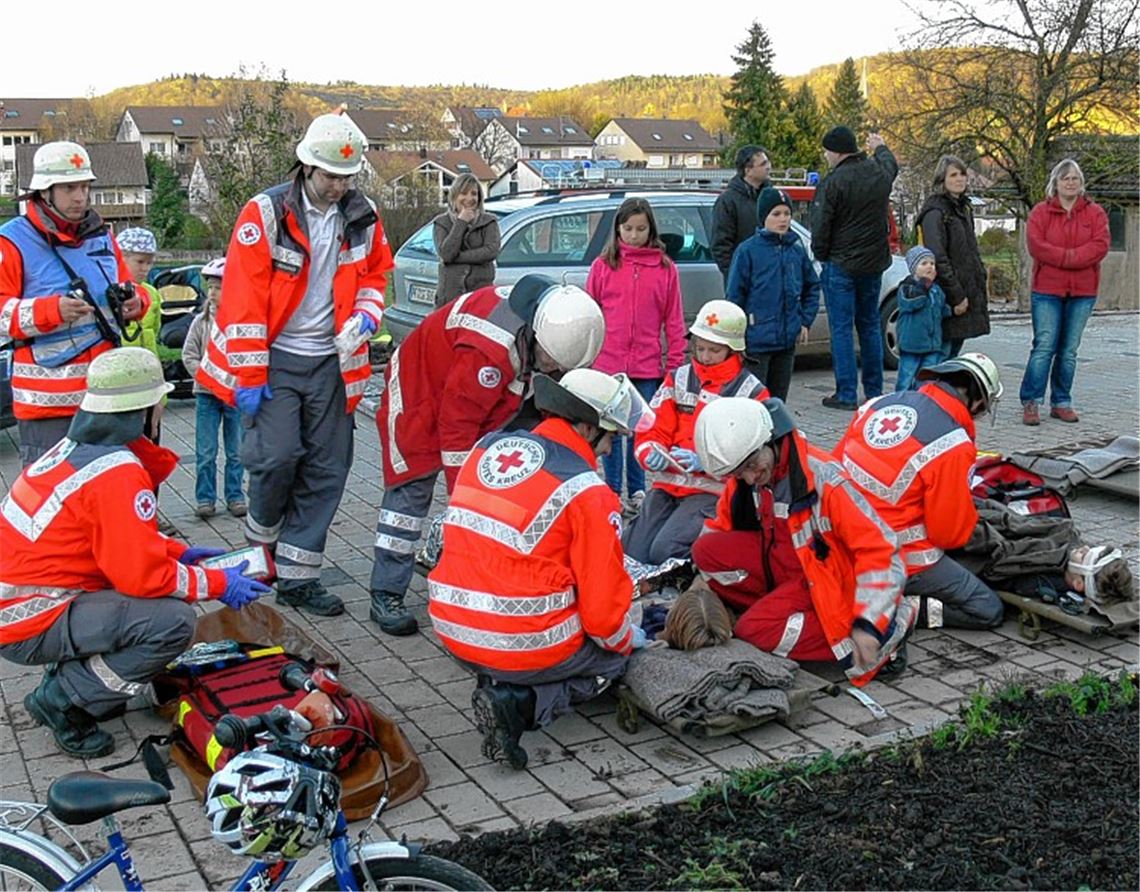 Zum Glück nur eine Übung: Das Helferteam des DRK Maulbronn kümmert sich um die Verletzten (Bild li.), während Feuerwehrleute die Kinder vom Heuboden retten. Fotos: Garhöfer