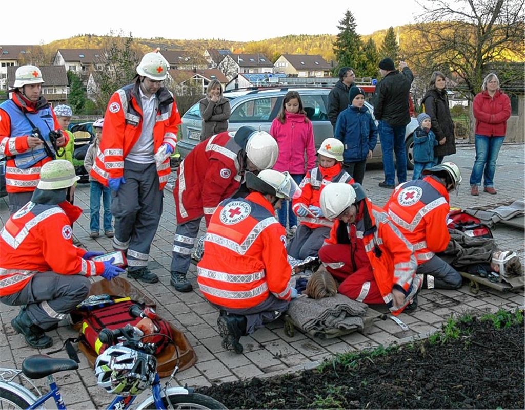 Zum Glück nur eine Übung: Das Helferteam des DRK Maulbronn kümmert sich um die Verletzten (Bild li.), während Feuerwehrleute die Kinder vom Heuboden retten. Fotos: Garhöfer