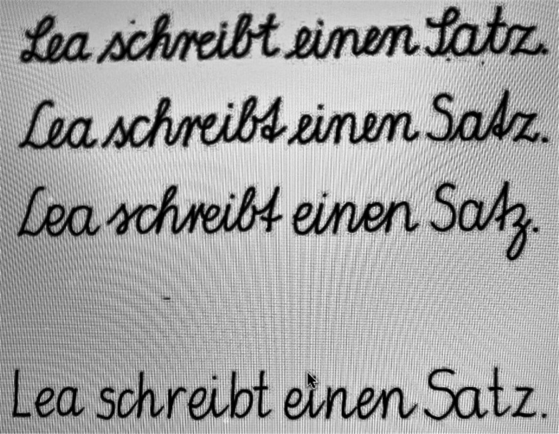 Zum Vergleich (von oben): die lateinische Ausgangsschrift (LA), die Schulausgangsschrift (SAS), die Vereinfachte Ausgangsschrift (LA) und die im Modellversuch sich befindende Schreibschrift.