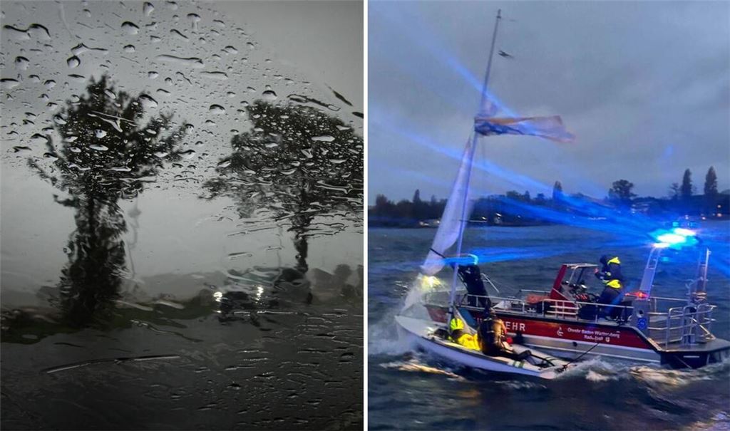 Zum Wind gesellte sich am Donnerstag auch noch heftiger Regen (links, Symbolbild) im Südwesten. Am Bodensee brachte „Joshua“ ein Segelboot zum Kentern.
