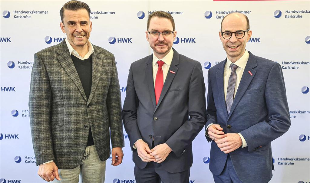 Zuversichtlich: Vizepräsident Frank Herrmann (v. li.), Präsident Karsten Lamprecht und Hauptgeschäftsführer Walter Bantleon (alle HWK Karlsruhe). Foto: Metzbaur
