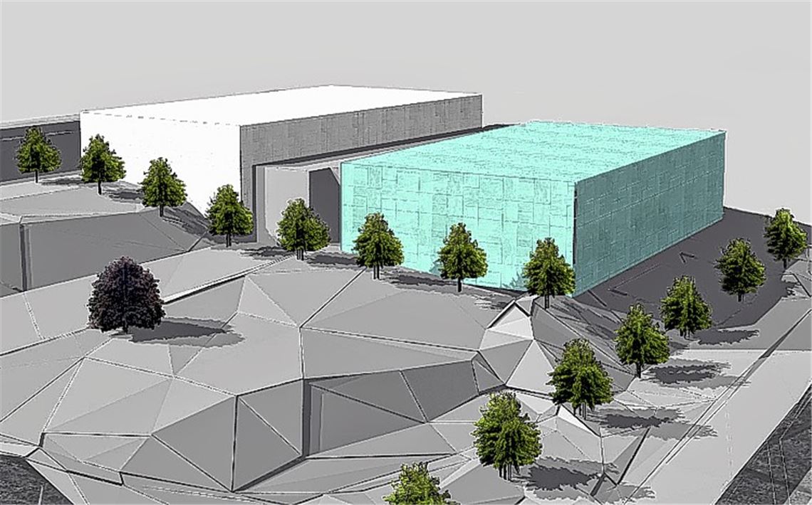 Zwei Sporthallen unter einem Dach: So ungefähr soll der Neubau an der Goldshalde nach dem Wunsch der Architekten aussehen. Grafik: Planungsbüro Knecht