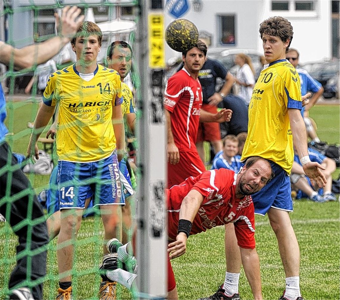 Zwischen dem TSV Knittlingen (rote Trikots) und dem VfL Ostdorf entscheidet sich das Handball-Turnier auf Rasen. Foto: Fotomoment