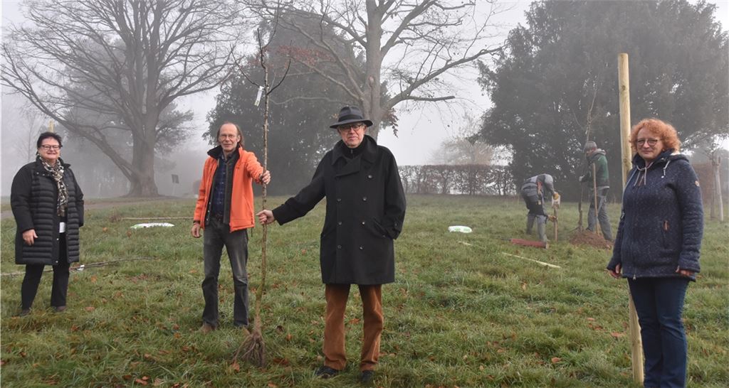 flanzaktion im November-Nebel mit Elsbeth Rommel (Vorstand der Bürgerstiftung), Obstbaum-Kenner Manfred Rapp, Arboretum-Initiator Frank Händle und Petra Herrling von der Stadt Mühlacker (v. li.). Im Hintergrund setzen Christoph Winkelmann und Marko Glivarec einen Baum ein.Klassen